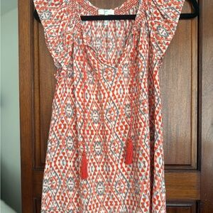 Joie White and Orange Smocked Blouse with Tie Front
